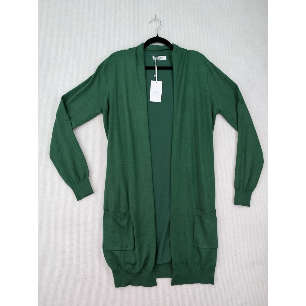 GRACE KARIN Women's L Green Long Cardigan Sweater Open Front Pockets NWT 0469